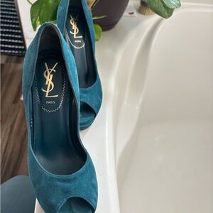 Saint Laurent Teal Suede Peep-Toe Pumps